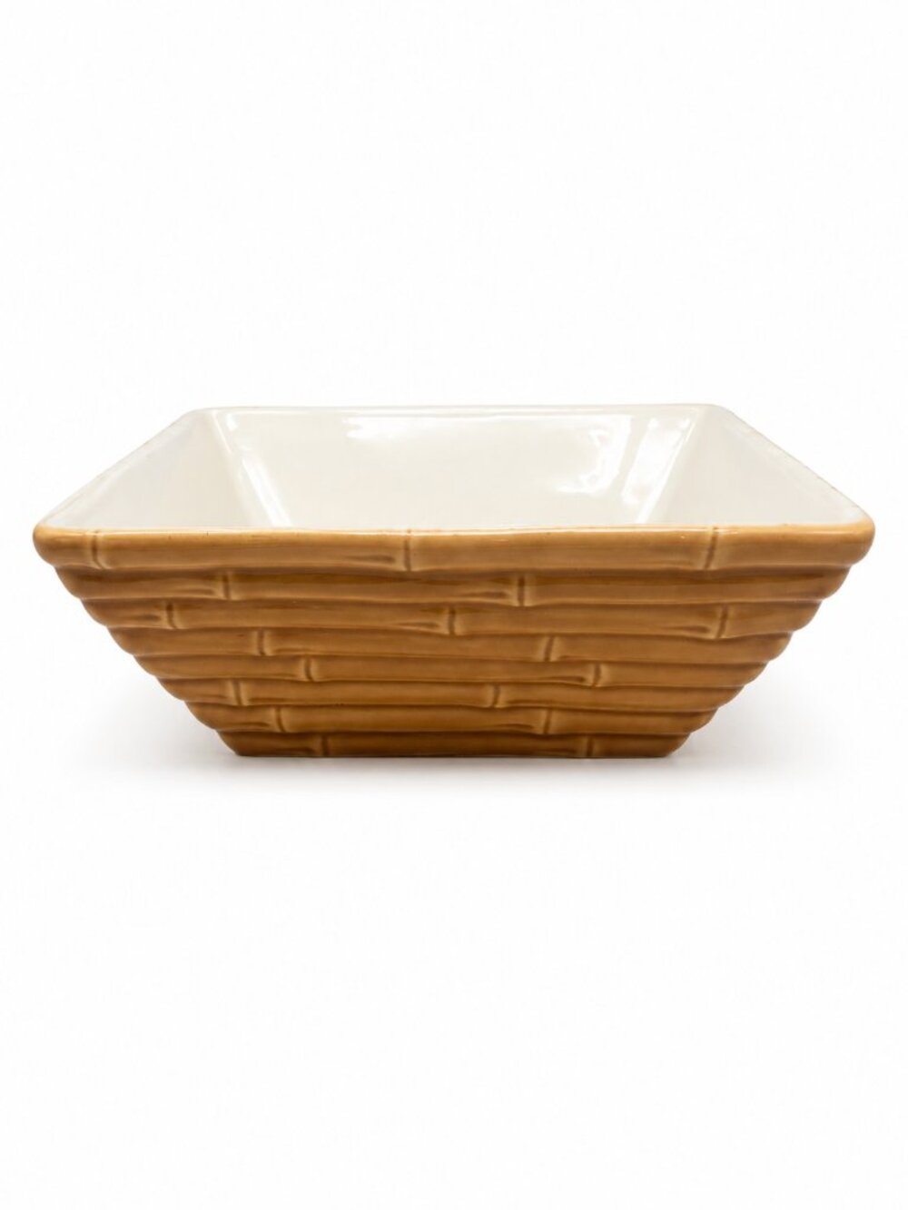 Home Studio Tan Ceramic Bamboo Basket-Style Serving Bowl